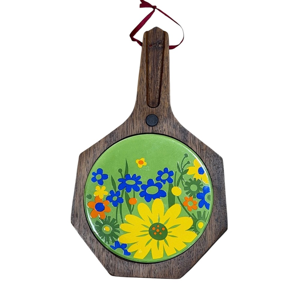 Vintage Imperial 70's Retro Hardwood Ceramic Floral Trivet Wall Decor Japan M M